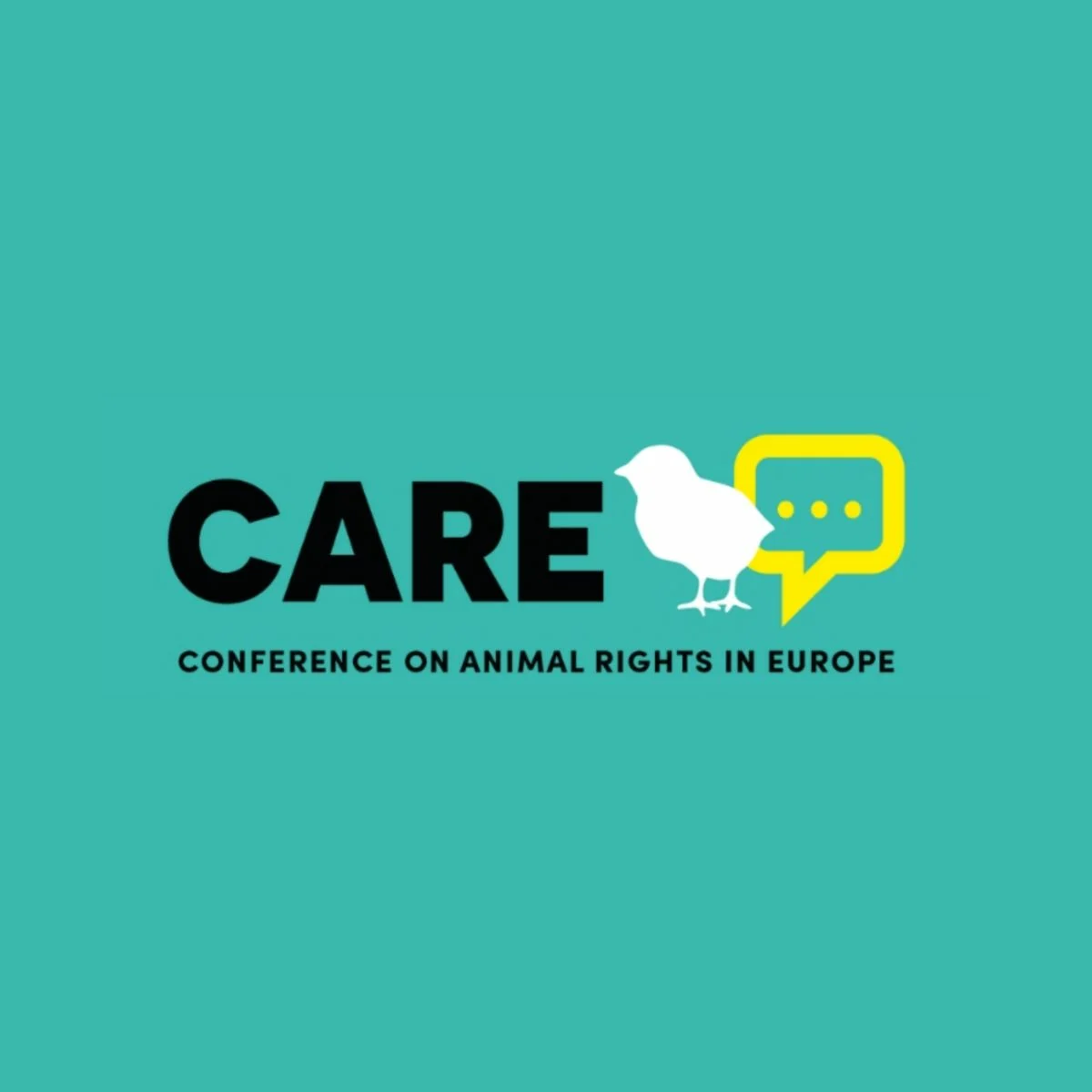 Care Conference logo with a chick and a speech bubble, on a turquoise background