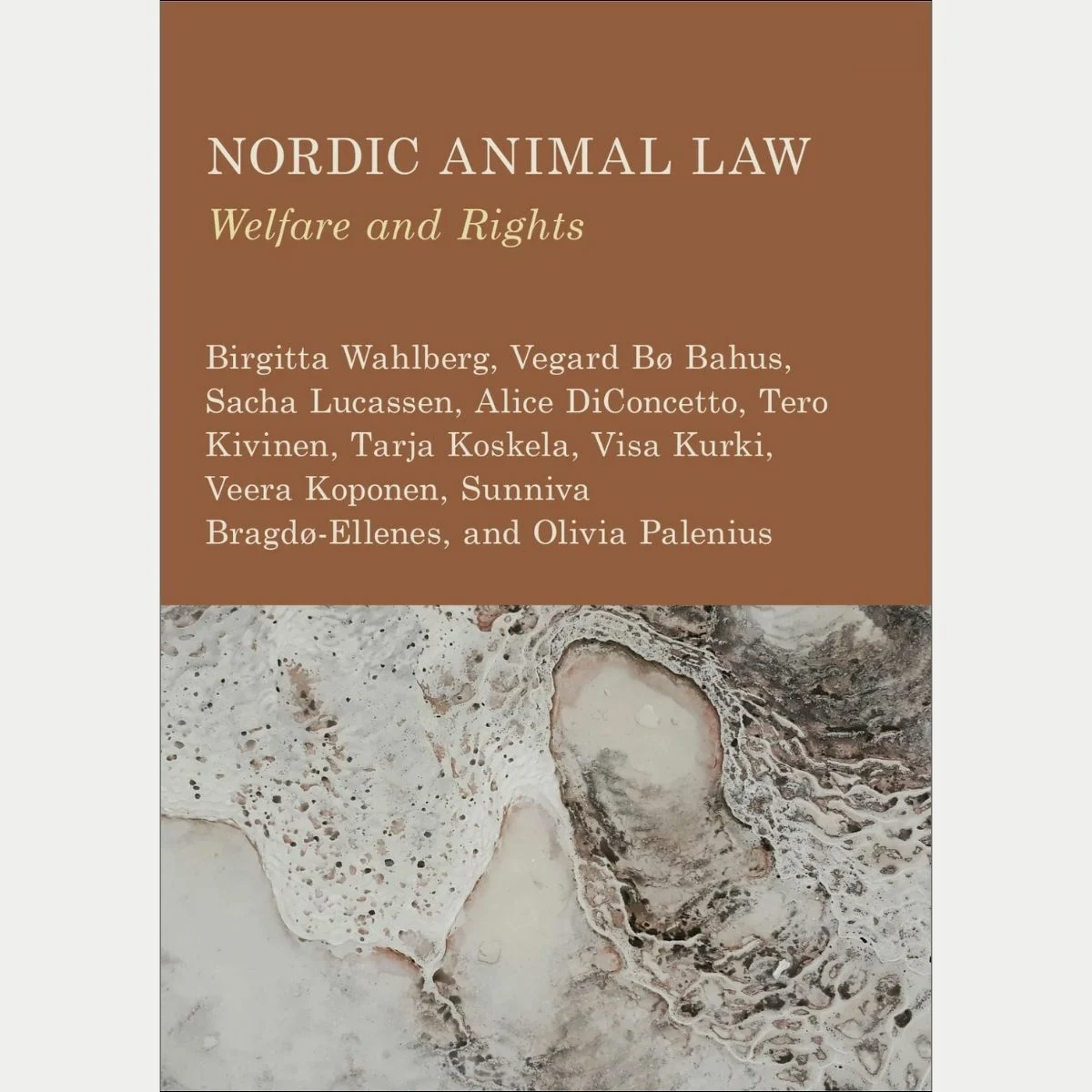 Book cover with the following information: Title: Nordic Animal Law: Welfare and Rights Authors: Birgitta Wahlberg, Vegard Bo Bahus, Sacha Lucassen, Alice DiConcetto, Tero Kirvinen, Tarja Koskela, Visa Kurki, Veera Koponen, Sunniva Brago-Ellenes, and Olivia Palenius.