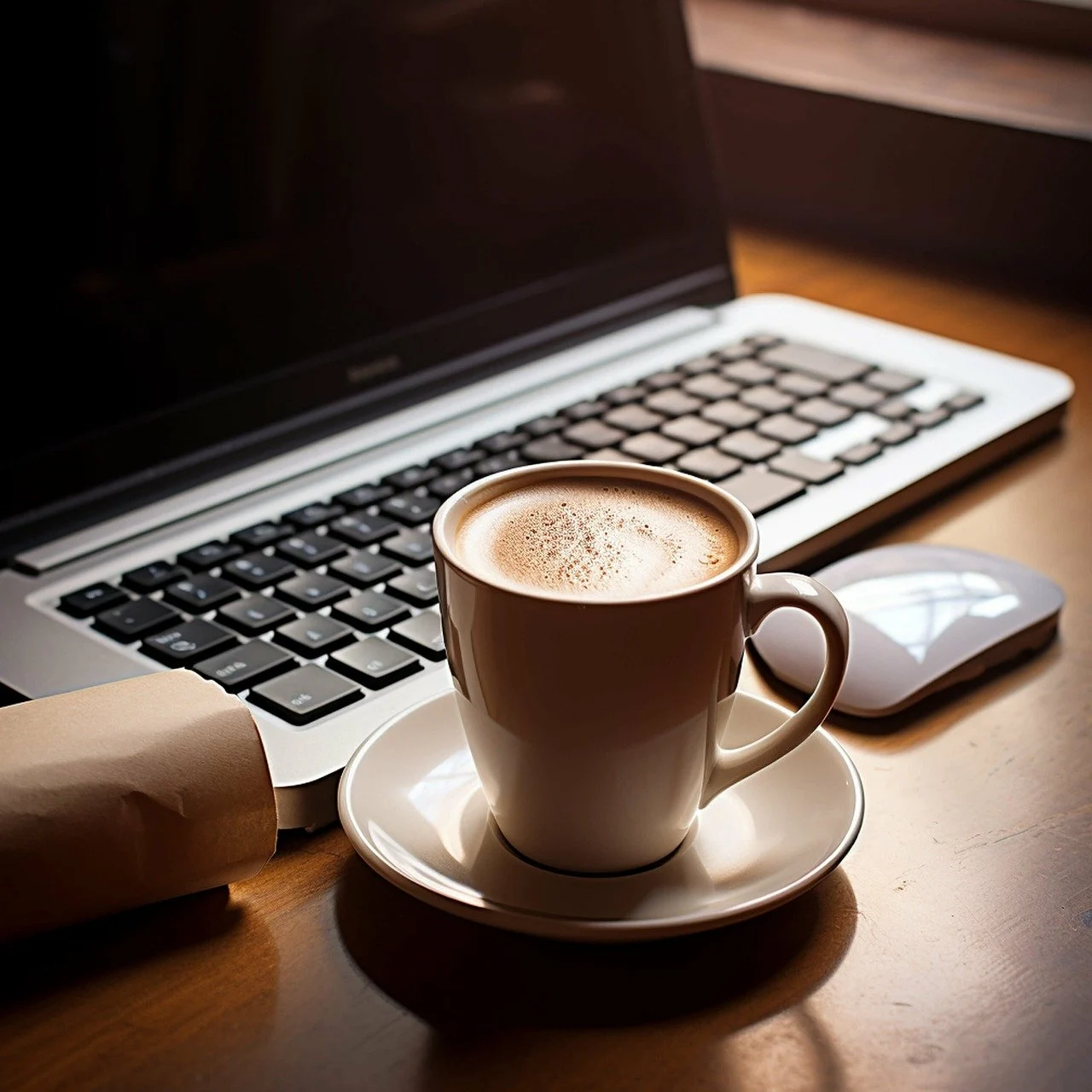 Picture of a laptop with a mug of coffee